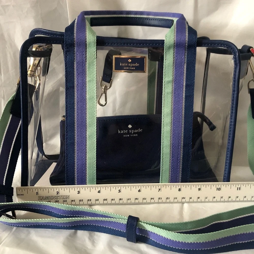 Kate Spade blue multi color see through satchel with adjustable crossbody NWT
